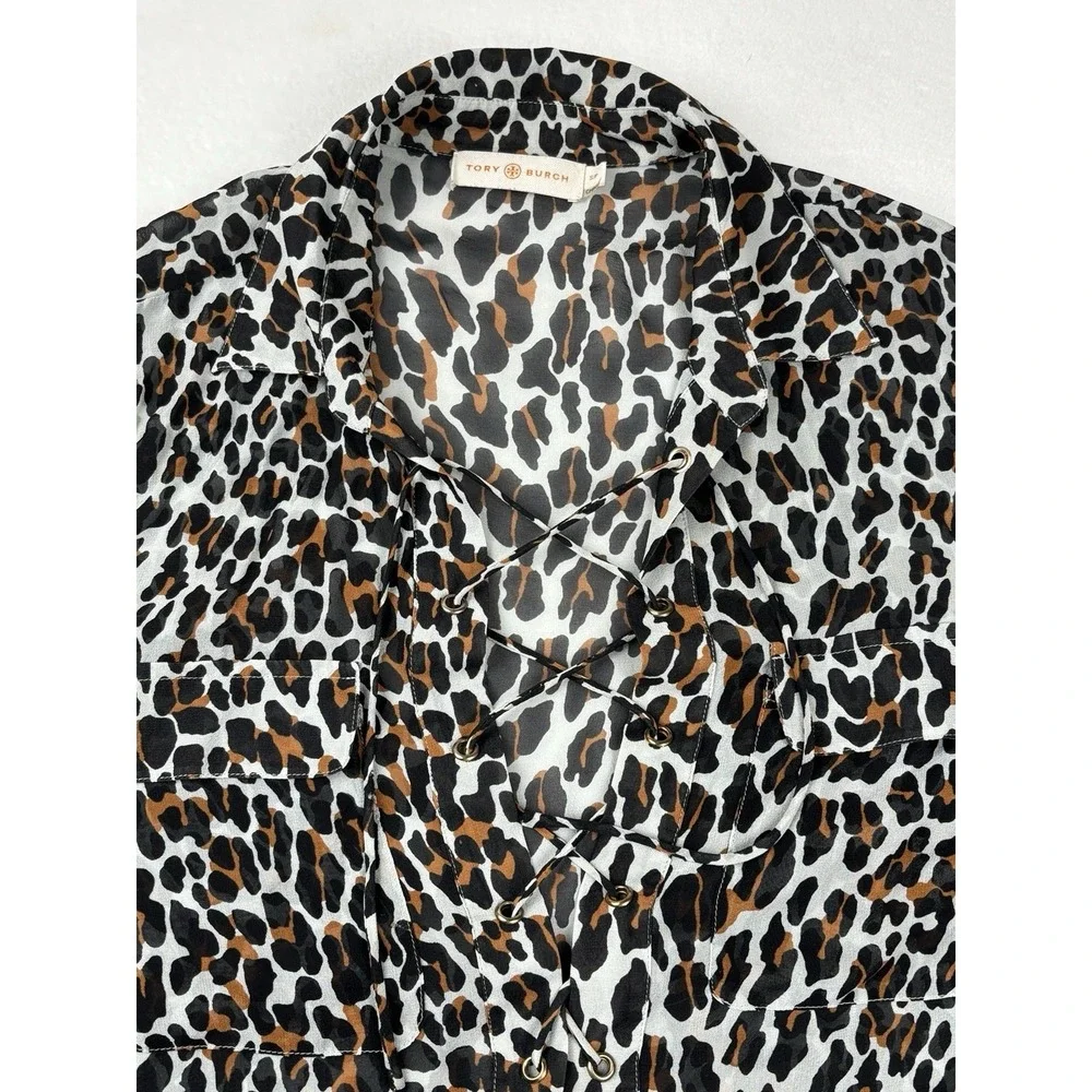 Tory Burch Leopard Print Lace‎ Up Tunic Blouse Silk Blend Size Small